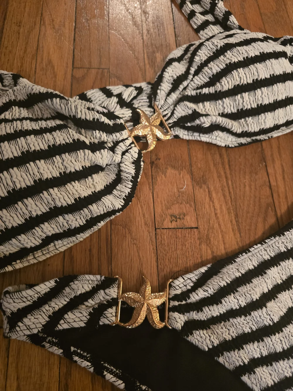 SHEIN Black and White Striped Bikini Set with Gold Accents - Picture 2 of 3